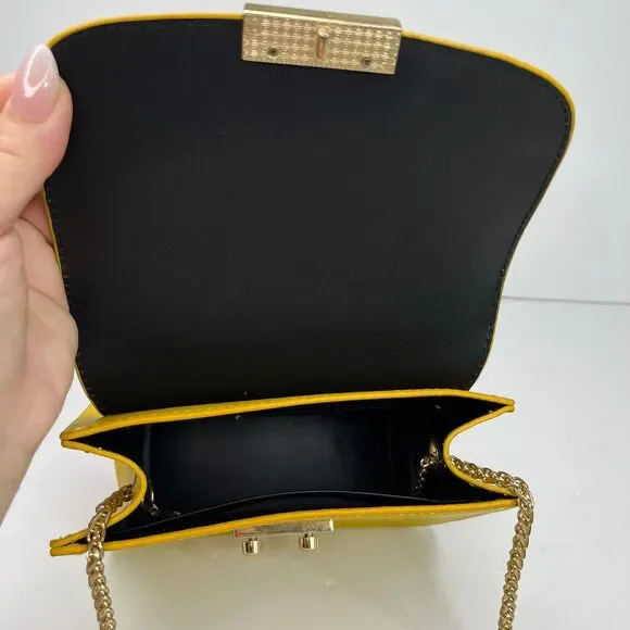 Shoulder Mini Tote Bag Purse Gold Chain Mustard Yellow Women’s #577 - Picture 5 of 12